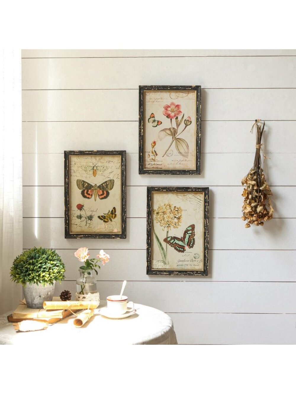 Set of 3 Vintage Butterfly Wall Art Prints | Rustic Floral Decor for Home